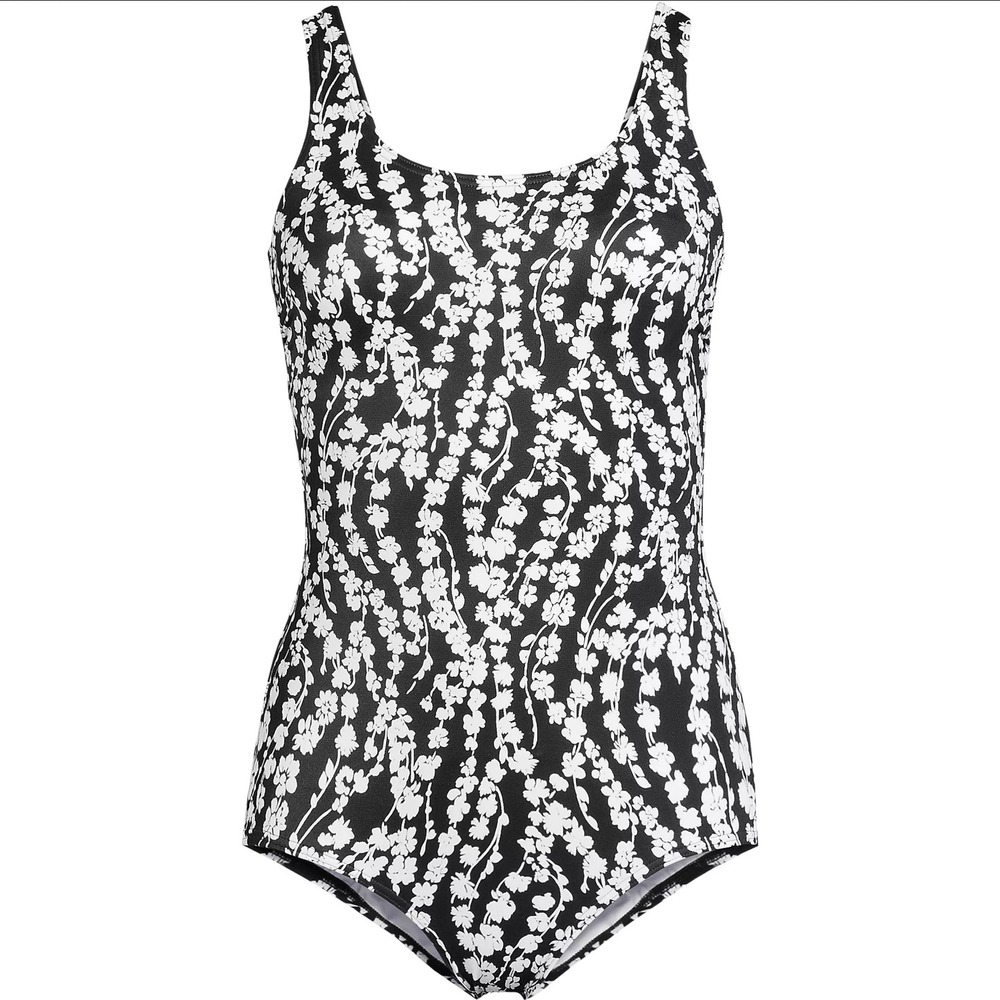 Lands' End Tugless One Piece Swimsuit Low Leg Black White Vine Floral (Size 12P)